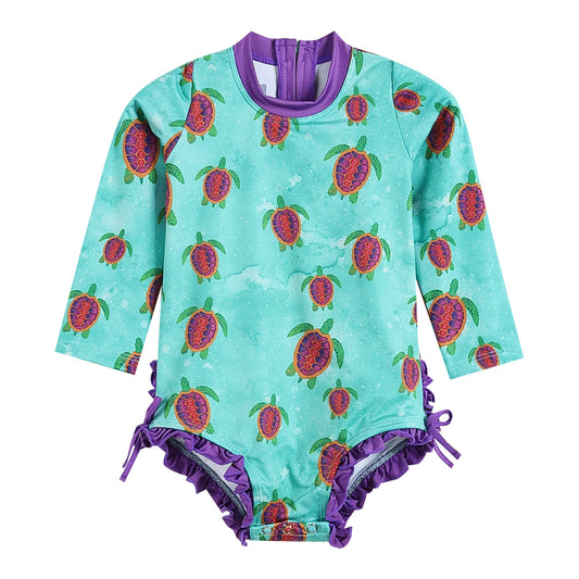Turquoise Turtle Long Sleeve Ruffle Swimsuit