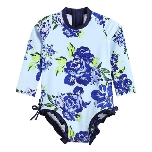 Blue Rose Long Sleeve Ruffle Swimsuit
