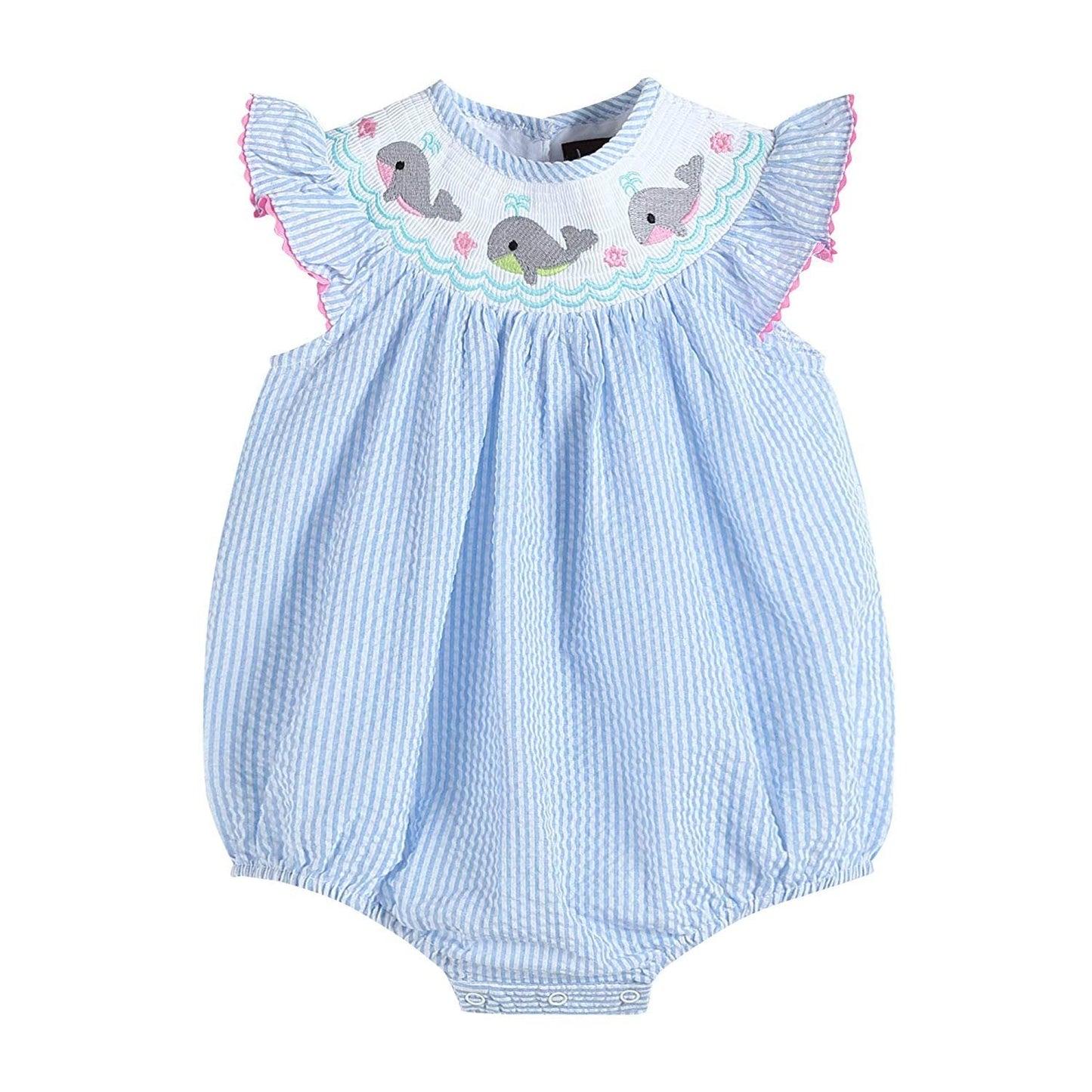 Blue Striped Seersucker Baby Whales Smocked Romper