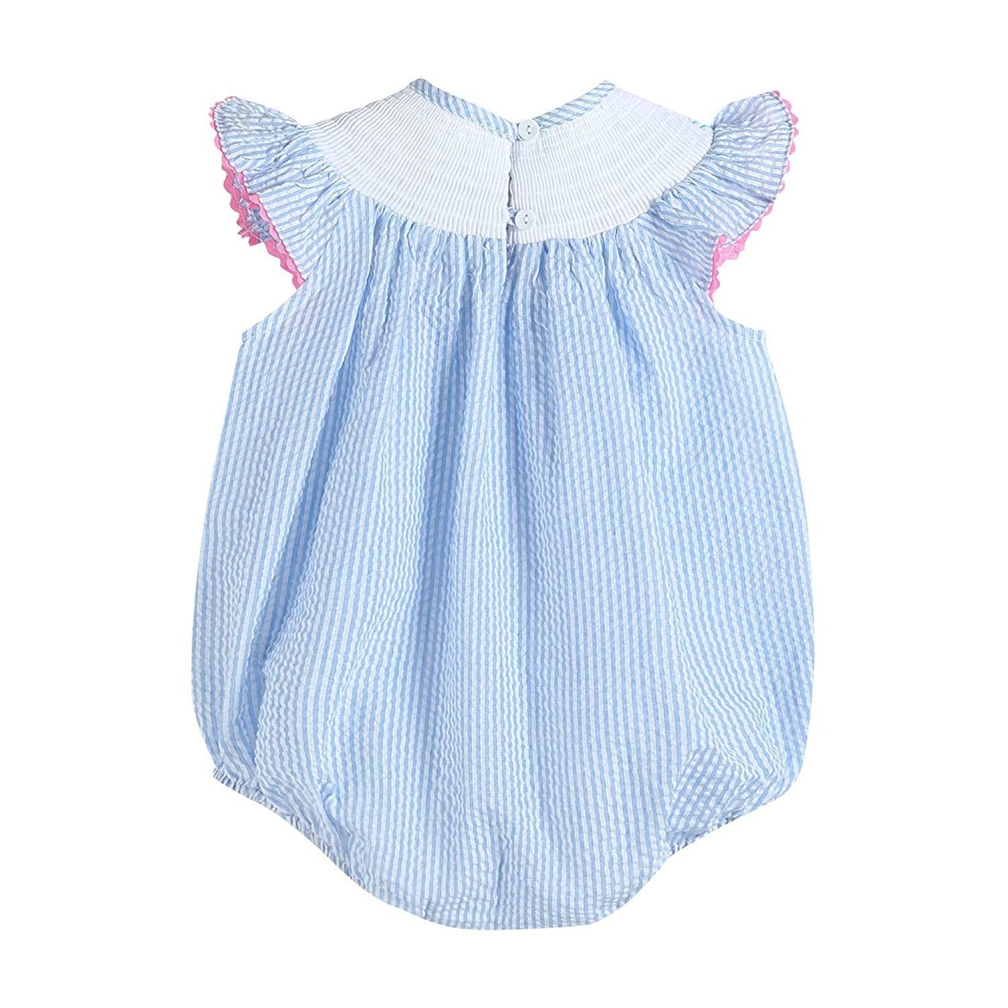 Blue Striped Seersucker Baby Whales Smocked Romper